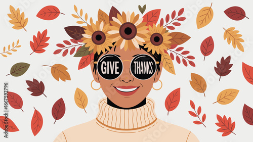 Woman with Sunflowers, Give Thanks Glasses, and Autumn Leaves Illustration for Thanksgiving Celebration