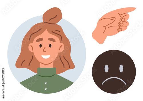 Smiling woman in profile circle, hand pointing right, and sad face icon. Ideal for emotion representation, decision-making, feedback, options, communication, mood dynamics positive-negative