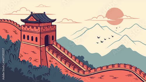 Serene Sunset View of the Great Wall of China:  Vintage Style Illustration