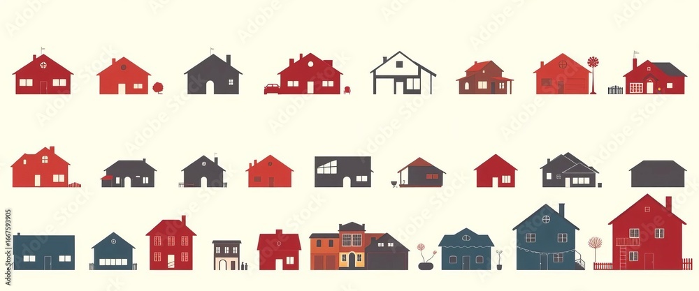Naklejka premium Collection of various house silhouettes against a plain background, showcasing diverse architectural styles, graphic, dwelling