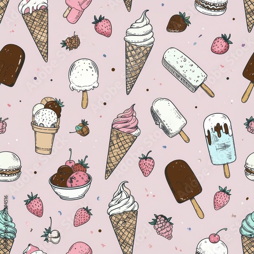 Delightful seamless pattern of assorted sweet summer desserts including ice cream, cupcakes, and popsicles in a cute hand-drawn style