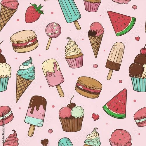 Vibrant and delicious illustrated seamless pattern of assorted ice cream treats, showcasing cones, bars, and sundaes with fresh strawberries