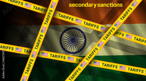 Vector political economic banner. Wavy poster of Republic of India. Yellow warning tapes with inscription, tariffs and US flag. Secondary sanctions. Business, prohibitions. Washington and New Delhi