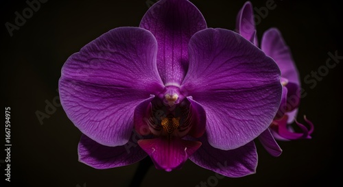 A closeup of a vibrant purple orchid showcasing its intricate petal texture against a dark outoffocus backdrop