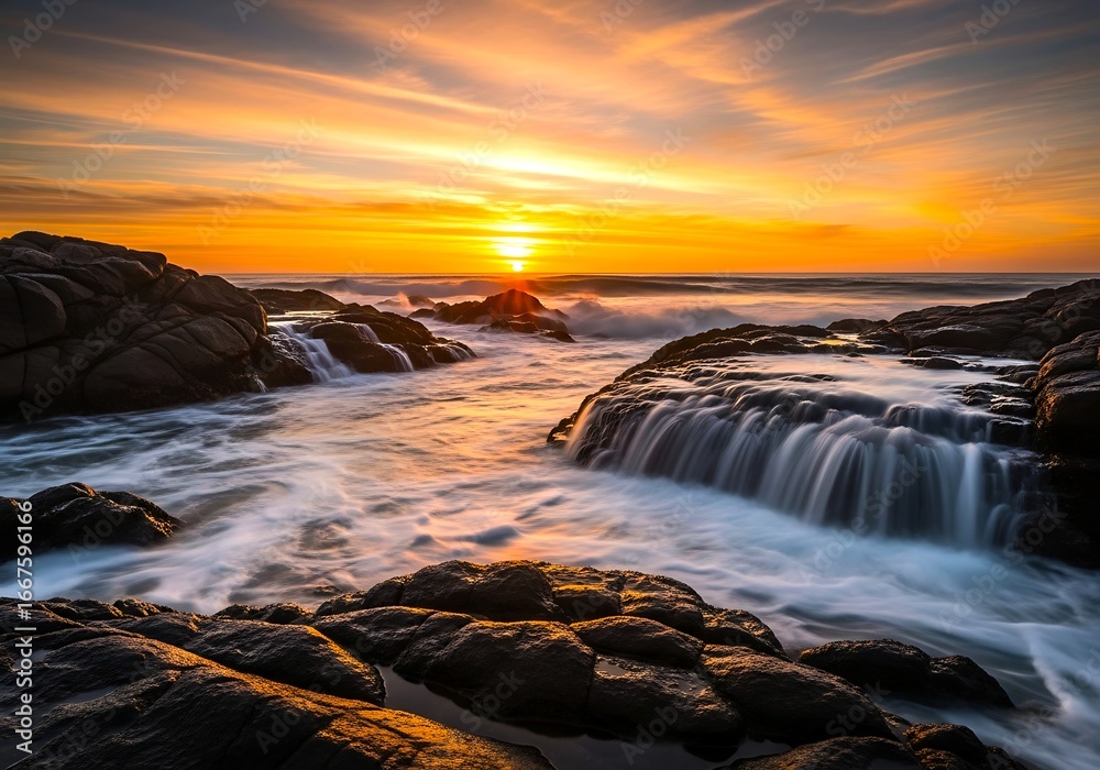 Obraz premium Photo of dramatic sunset over the rocky coast with cascading water creating a serene and picturesque seascape, showcasing the beauty of natures elements