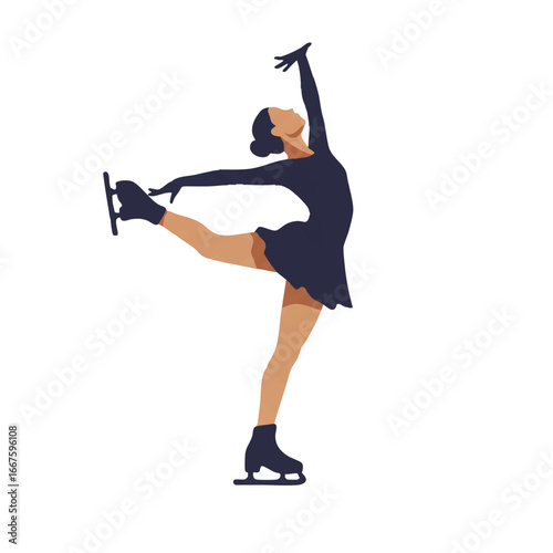 A graceful ice skater performs a dynamic spin, captured in a clean and minimalist 2D flat vector illustration with solid colors, isolated on a pristine white background.