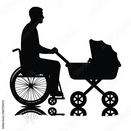 Silhouette of a person in a wheelchair pushing a baby stroller showing family and inclusion 