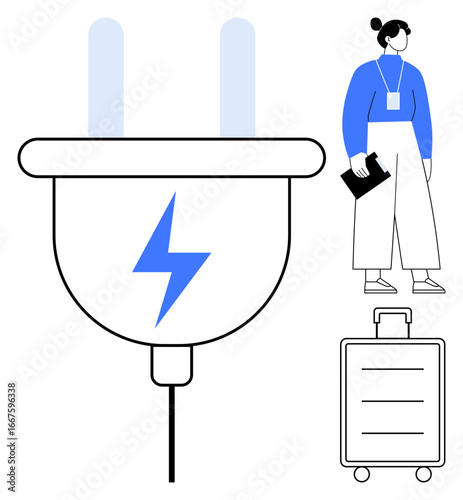 Giant power plug with lightning bolt next to a traveler holding documents, standing near rolling luggage. Ideal for energy, travel, innovation, efficiency, connection, mobility planning. Simple flat