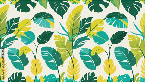 Tropical leaf pattern perfect for summer designs, backgrounds, textiles, and naturethemed projects needing green and yellow color palettes.