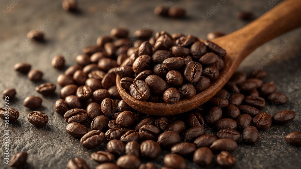 Fototapeta premium Coffee Close-Up, detailed view of roasted coffee beans with glossy texture and rich brown tones, cinematic macro shot highlighting natural cracks and surface shine.