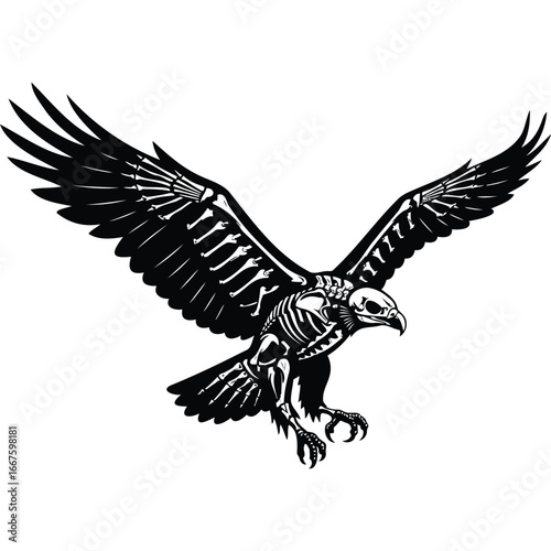 Skeletal Eagle Bird of Prey Flying Wings bones skeleton predator raptor gothic dark black and white monochrome vector illustration graphic