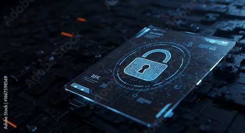 Digital lock icon in dark tech environment, sharp focus, dramatic lighting, authentic cybersecurity concept