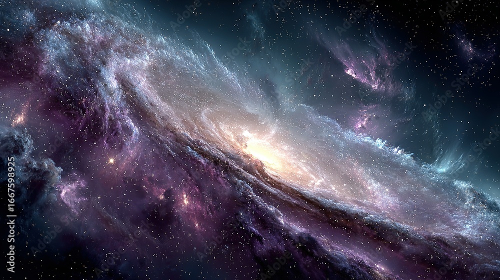 Fototapeta premium A swirling galaxy with nebulae in shades of purple blue and white.