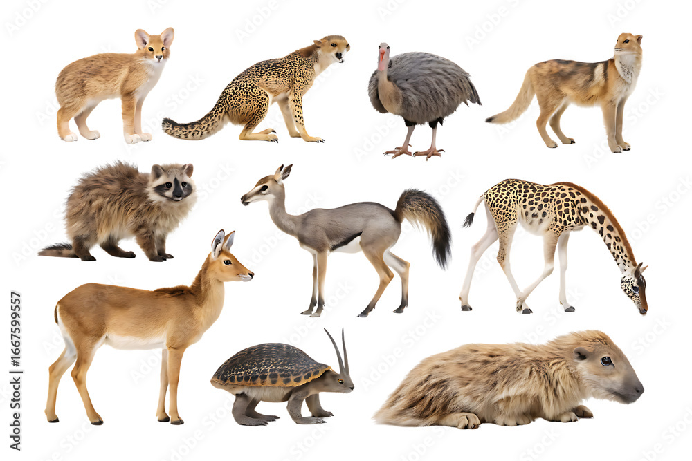Fototapeta premium Group of animals including a giraffe, a turtle, a raccoon, a deer, a cat