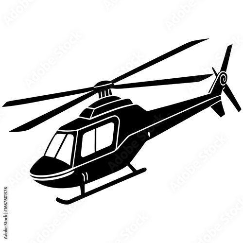 Black silhouette of a modern helicopter with rotor blades and landing gear on a white background aircraft