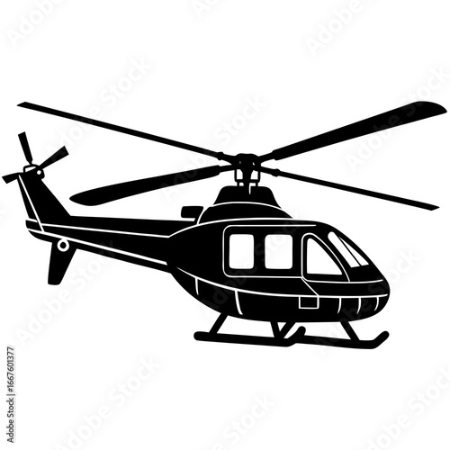 Black silhouette of a sleek helicopter with detailed rotor blades and landing gear on a white background