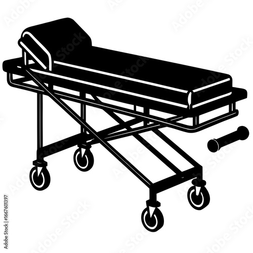 Black and White Illustration of a Medical Stretcher with Wheels gurney hospital