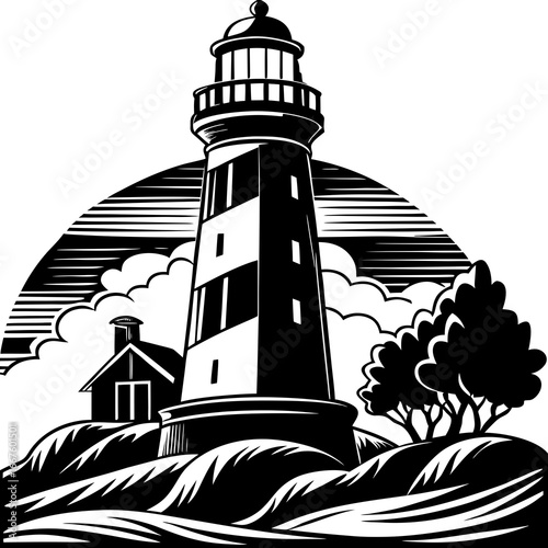 Stylized black and white depiction of a lighthouse with clouds and trees beacon tower