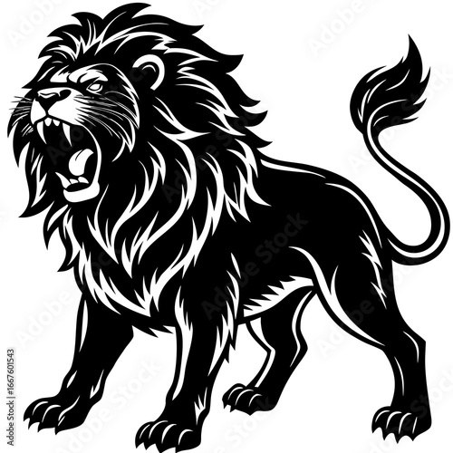 Stylized black silhouette of a roaring lion with a detailed mane on a white background black and white
