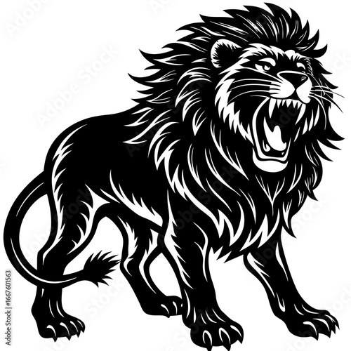 Black silhouette of a roaring lion with a flowing mane on a white background black and white animal
