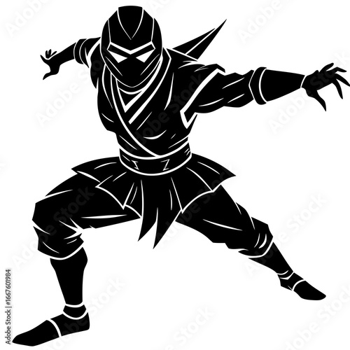 Black silhouette of a ninja warrior in a defensive stance with masked face and flowing scarf on a white background