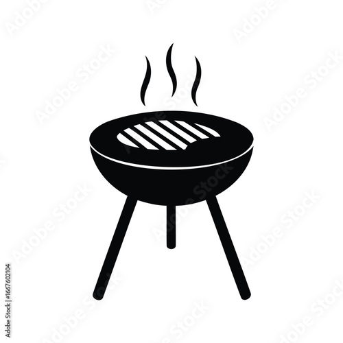 Black and white image of a smoking barbeque grill on three legs, Cooking barbeque silhouette vector illustration