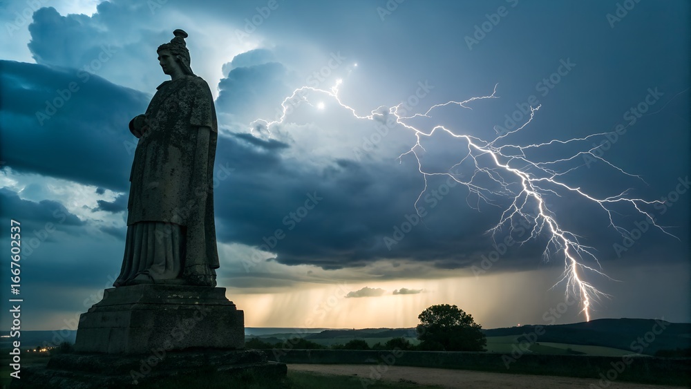 Fototapeta premium A dramatic landscape features a stone statue of a person standing on the edge of a rugged cliff overlooking a vast, turbulent ocean under a stormy sky. Dark, omi