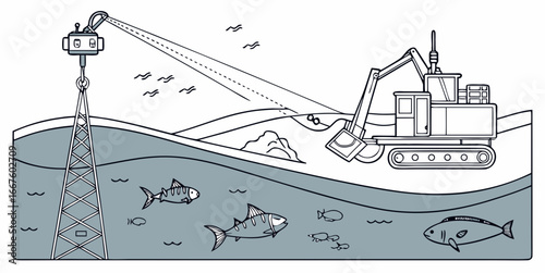 Offshore construction equipment operates next to a towering structure in the ocean with fish swimming below
