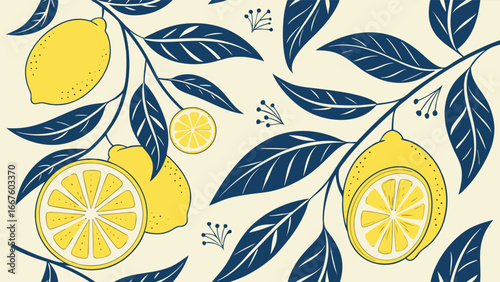Vibrant Lemon Branch Pattern:  Fresh, Zesty, Summer Citrus Illustration,  Modern Minimalist Style.