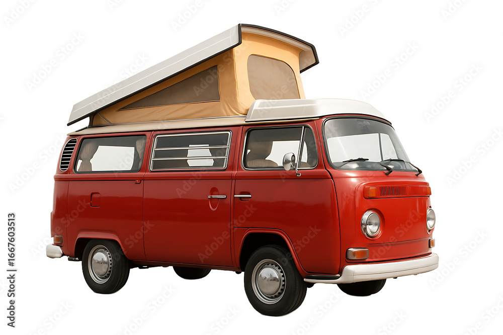 Fototapeta premium Vintage Red Camper Van with Roof Tent on Transparent Background