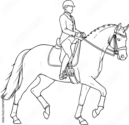 Equestrian elegance shown in this detailed vector line art of a dressage horse and rider, perfect for branding, logos, and event promotions, timeless style