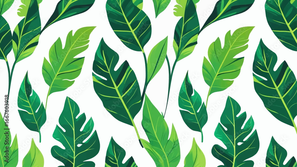 Fototapeta premium Botanical pattern of large green leafy tropical plants, suitable for naturethemed designs like wallpaper, fabric prints, and stationery.