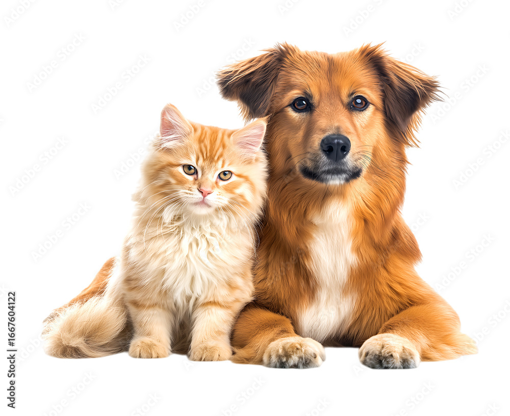 Fototapeta premium Cute Cat and Dog Friends Posing Together isolated on a transparent background