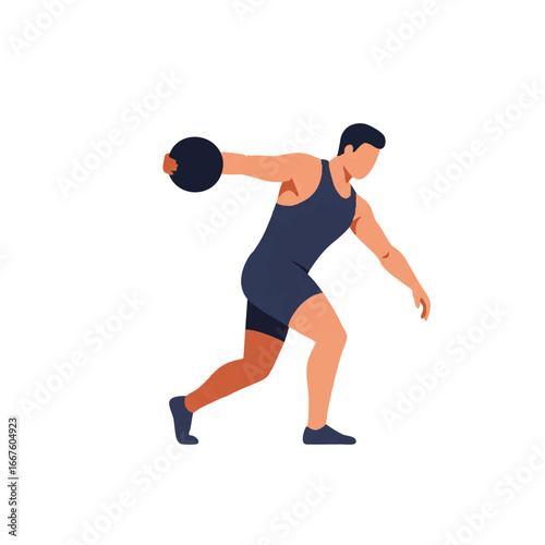 An abstract 2D flat vector illustration depicts a dynamic discus thrower in motion, rendered with minimalist solid colors and clean lines, isolated on a pristine white background.