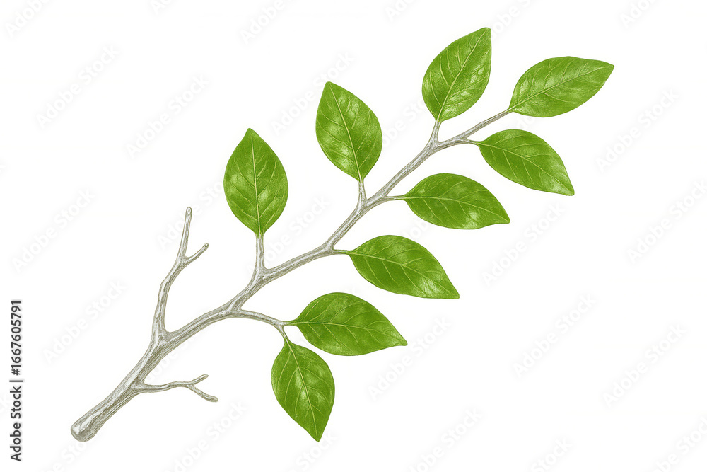 Fototapeta premium Realistic illustration of a branch with green leaves growing, isolated on a transparent background