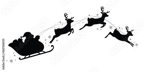 Santa Claus on sleigh flying sky with reindeers black vector silhouette on white background. illustration design for winter holiday decoration, Christmas greeting card and Happy new year.