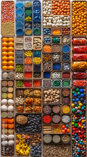 A Colorful Array of Food and Items Neatly Organized in Containers ,up by Nha Vu