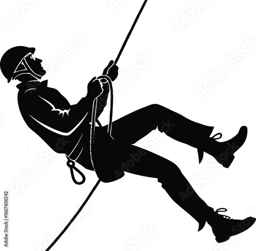 Rappelling Man Vector Silhouette Isolated on White Background
