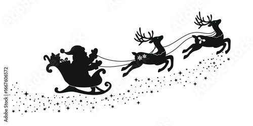 Santa Claus on sleigh flying sky with reindeers black vector silhouette on white background. illustration design for winter holiday decoration, Christmas greeting card and Happy new year.