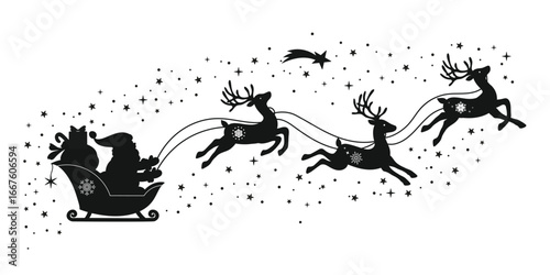 Santa Claus on sleigh flying sky with reindeers black vector silhouette on white background. illustration design for winter holiday decoration, Christmas greeting card and Happy new year.