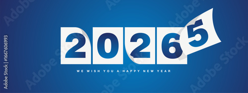 Happy New Year 2026 greeting card design template on blue background. New Year 2026 start concept. The wind turns old calendar year and the new year begins
