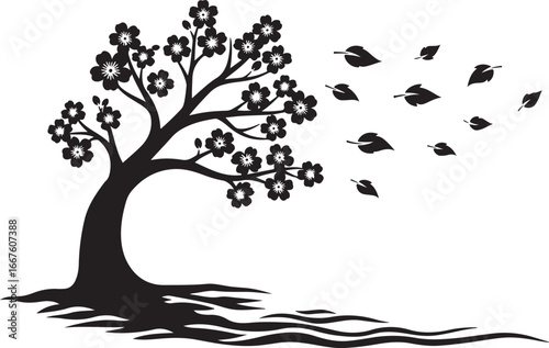 Black silhouette of a flowering tree with falling leaves on a white background vector
