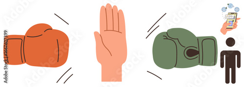 Boxing gloves clashing with an open hand between them, representing conflict resolution. A smartphone and person illustrate modern communication. Ideal for teamwork, peace, negotiation, and decision