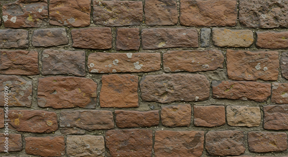 Fototapeta premium A closeup of a weathered brick wall showcasing irregular rectangular brown stones with mortar joints