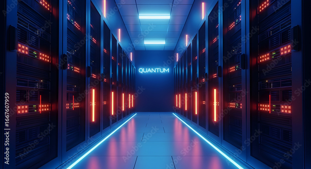 Fototapeta premium Futuristic Quantum Data Center Corridor with Glowing Server Racks & Neon Lights
