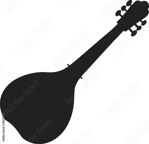 A black silhouette design of a sitar traditional string instrument icon isolated on white background. Vector illustration
