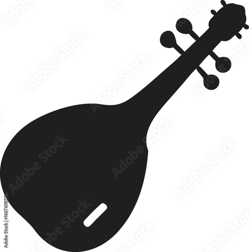 A black silhouette design of a sitar traditional string instrument icon isolated on white background. Vector illustration
