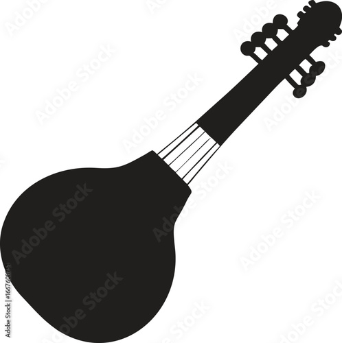 A black silhouette design of a sitar traditional string instrument icon isolated on white background. Vector illustration