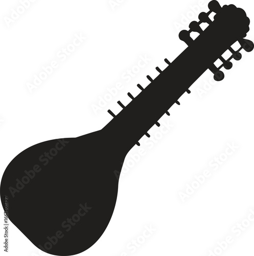 A black silhouette design of a sitar traditional string instrument icon isolated on white background. Vector illustration