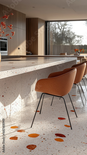 Modern Minimalist Kitchen with Warm Terrazzo Flooring,up by Nha Vu